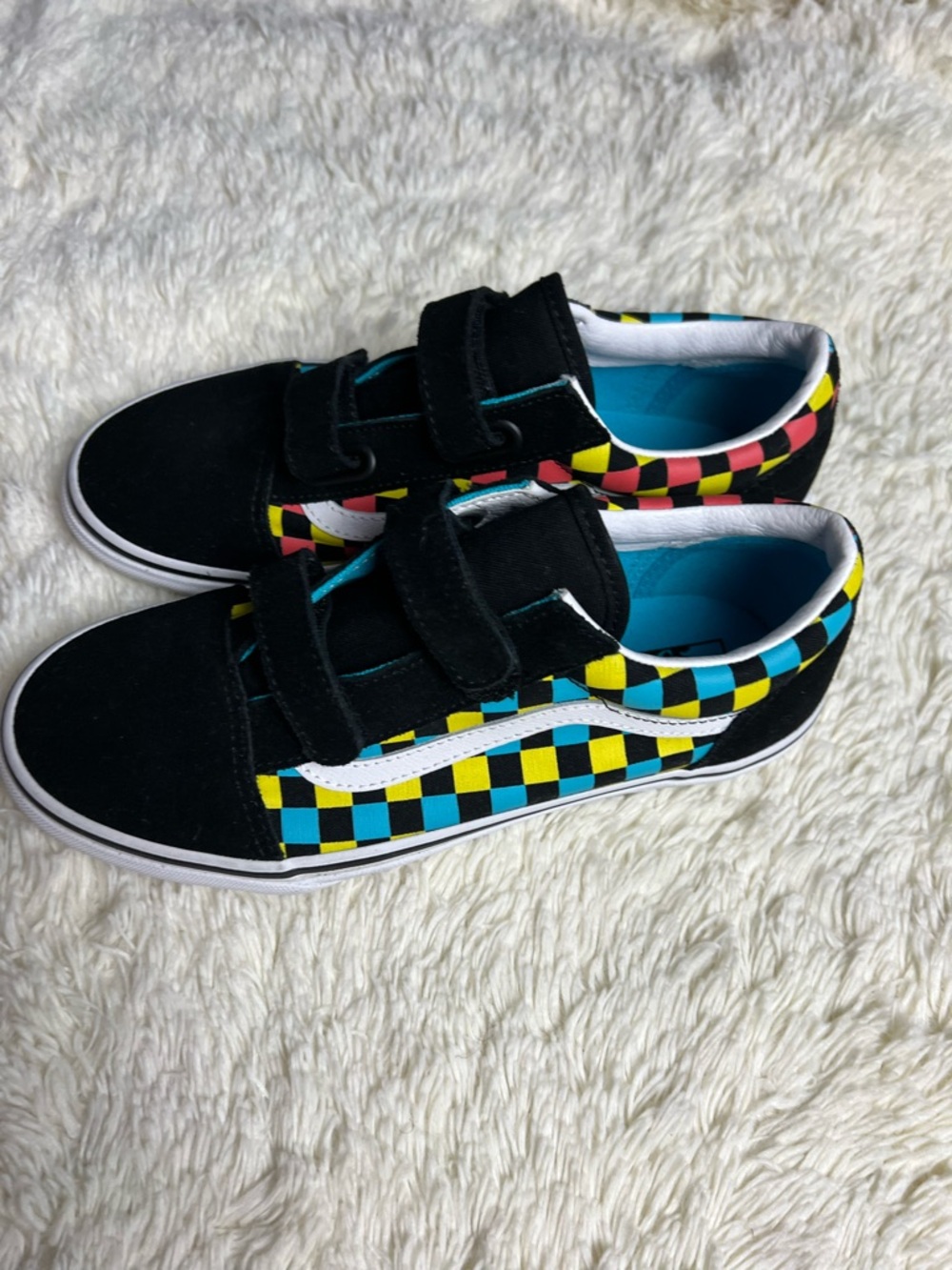 Vans Kids Black Sneakers with Blue Yellow Pink Checkerboard